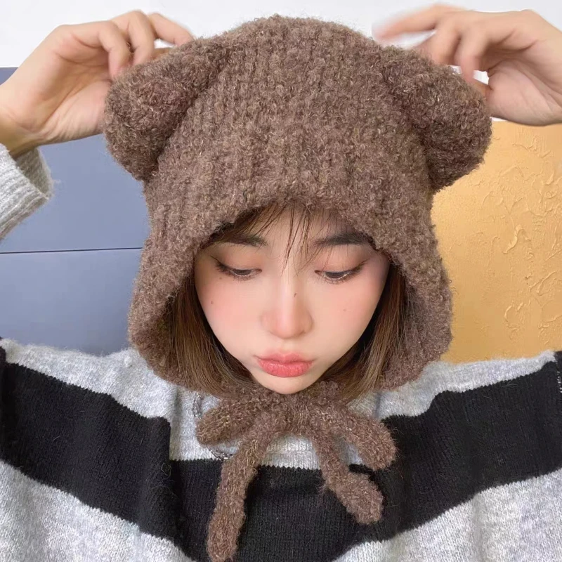 Autumn Winter Cute Bear Ear Thermal Knitted Hat Women with Tape Ear Protection Beanie Hat Japanese Korean Versatile Skullies Hat