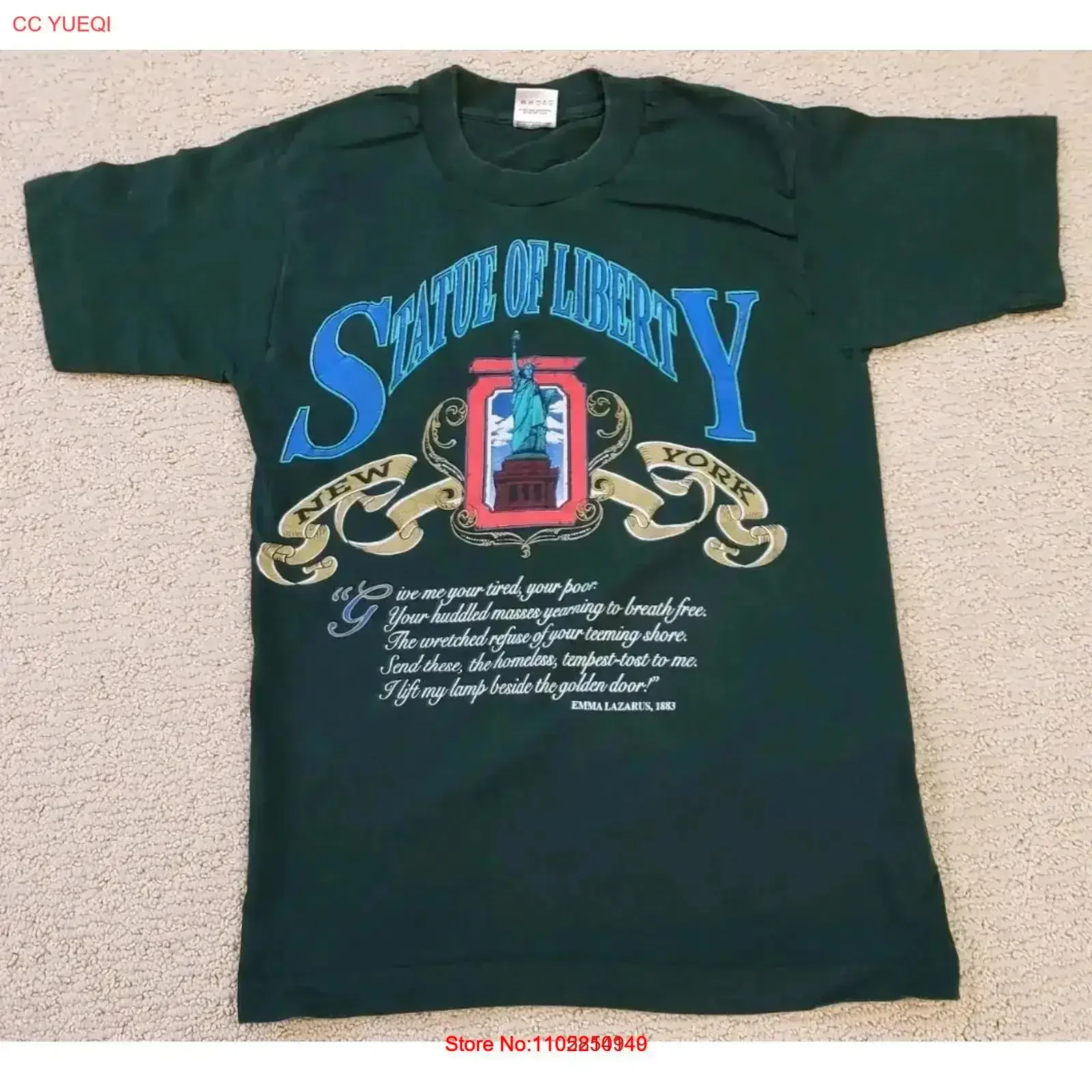 Vtg نيويورك تمثال الحرية إيما لازاروس 90s تي شيرت قراءة خمر غسلها امتدت الرسم تنوعا خمر غسلها