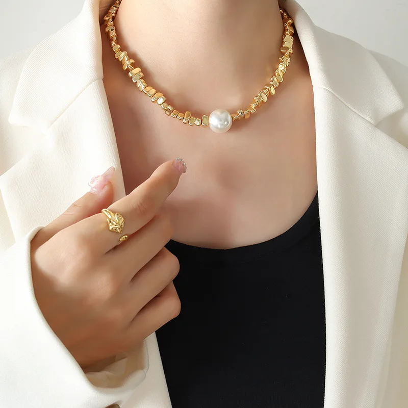 Stainless Steel Handmade Beaded Necklace For Women Gold Silver Color Women\'s Short Necklace Choker With Imitation Pearl Pendant