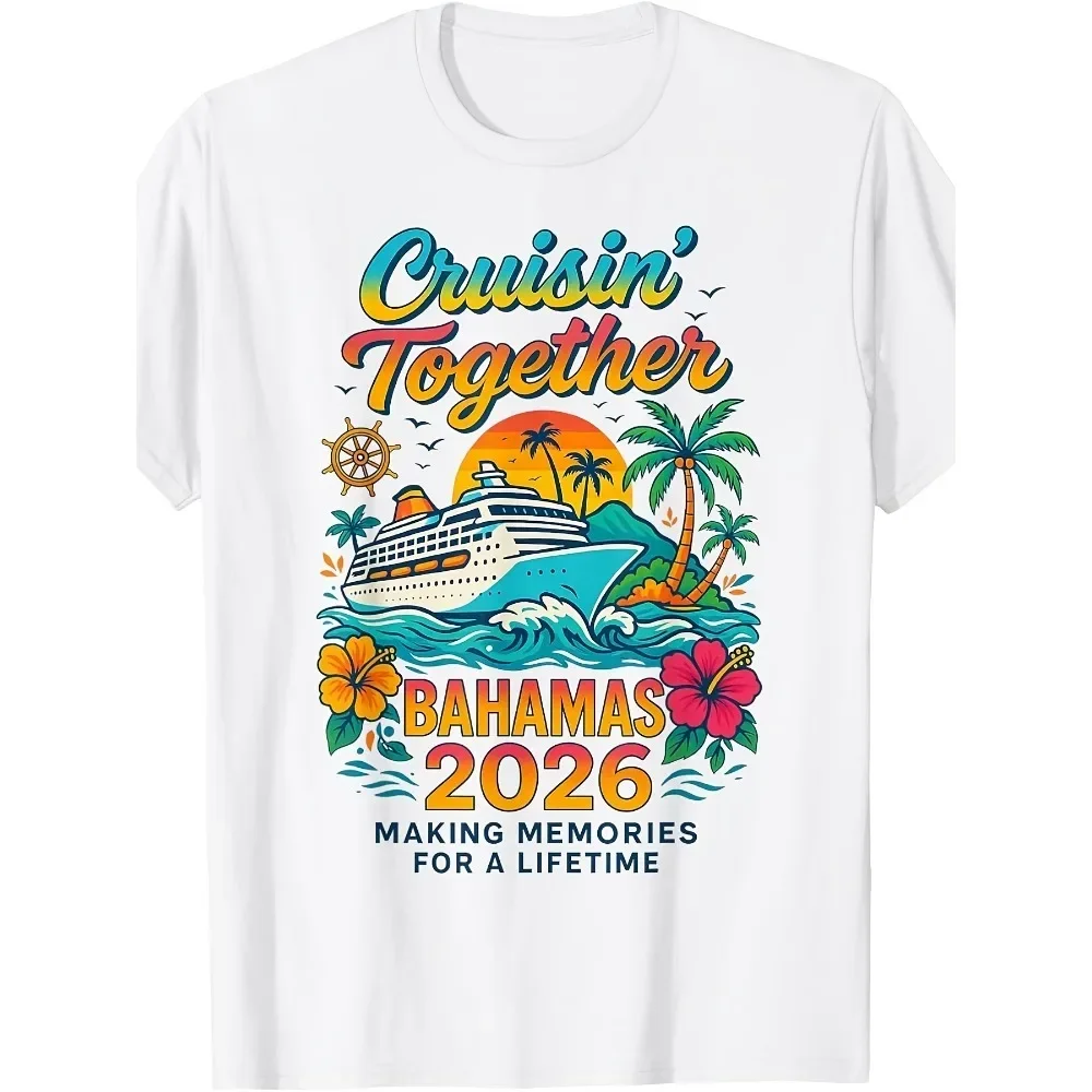 

2026 Cruisin Together Bahamas Cruise Vacation T-Shirt - Glossy Retro Cruise Ship & Bahamas Map Print, All-Season Fit for Family