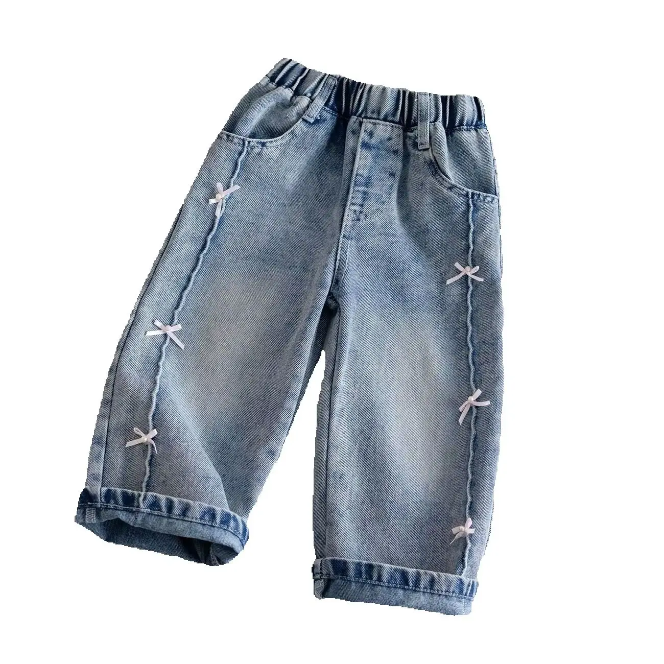 

Girls' Denim Jeans with Bow Tie Spring Autumn New Fashion Children's Straight Leg Casual Long Trousers for Kids