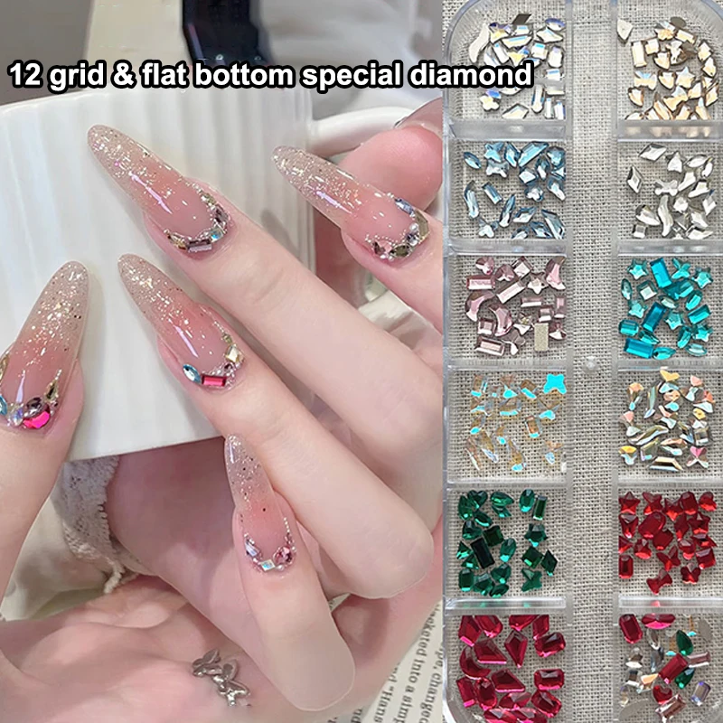

Multi-Size Flat Back Rhinestones Nail ArtKit-12-Grid Mixed Shape Colorful Gems for Gel Nails,DIY Manicure Decoration Accessories