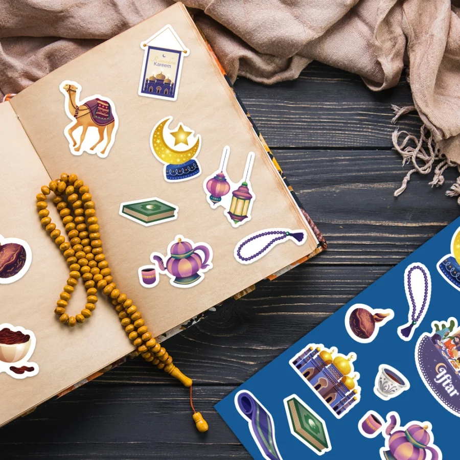 10pcs Middle East Ramadan Stickers Arabic Eid Gift Bag Sealing Stickers Moon Stars Camel Oil Lamp Party Gift Decoration Labels