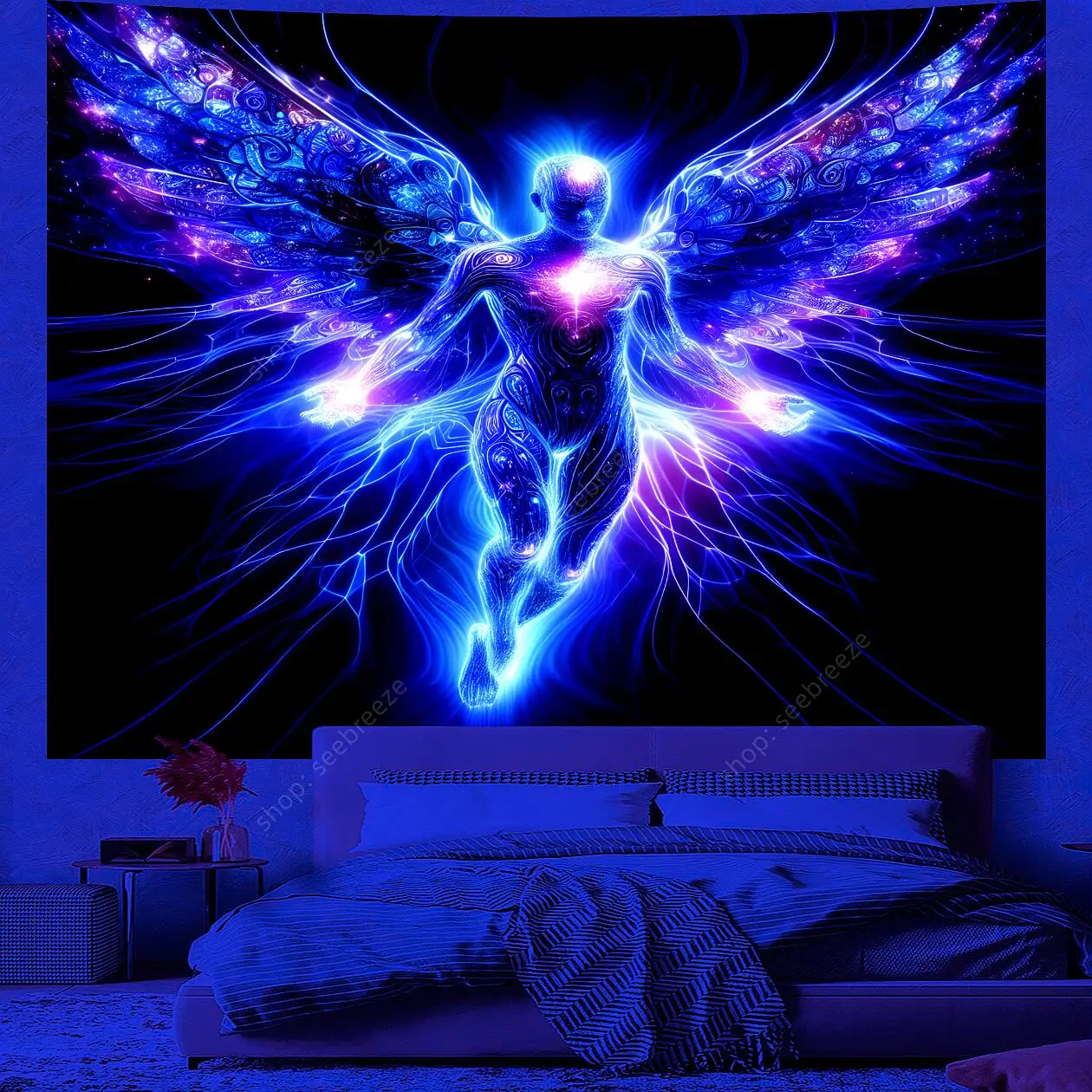 Psychedelic Humanoid Angel with Wings Tapestry Wall Hanging Bohemian Home Decor Bedroom Aesthetic Hippie Neon Backdrop Poster