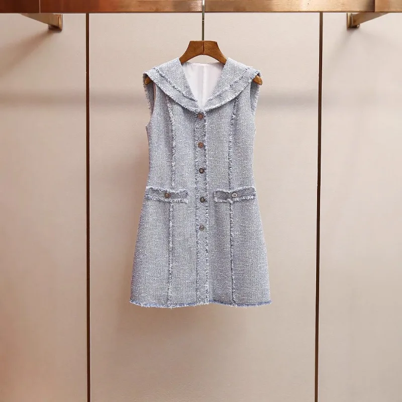 

Summer New French Small Fragrance Navy Collar Burr Sleeveless Dress Women Fashion Sweet Thin Tweed Sweet Vest Short Dress
