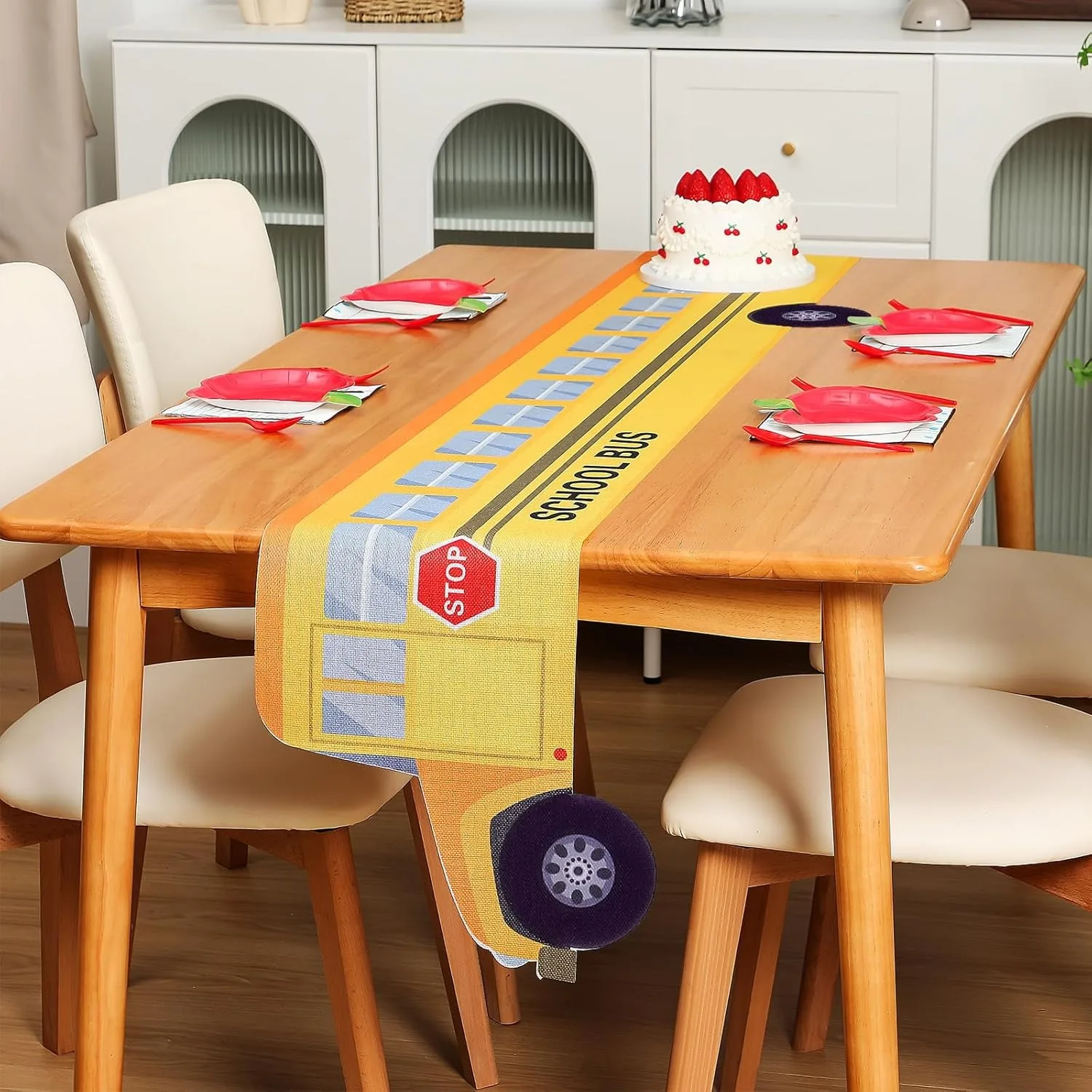 1Pc Creative School Bus Shaped Table Runner, Back to School Themed Decoration, for Classroom, Birthday Party, Party Supplies