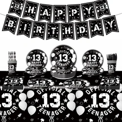 Black and white 13 years old  Birthday Tableware disposable Paper plates Paper towels tablecloth Birthday ecorations arrangemen