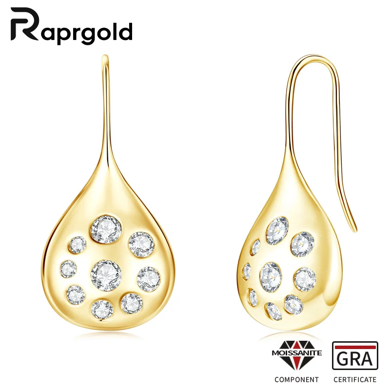 

RAPRGOLD Full Round Moissanite Waterdrop Stud Earring for Women 925 Sterling Silver Piercing Hook Earrings Wedding Jewelry Gifts