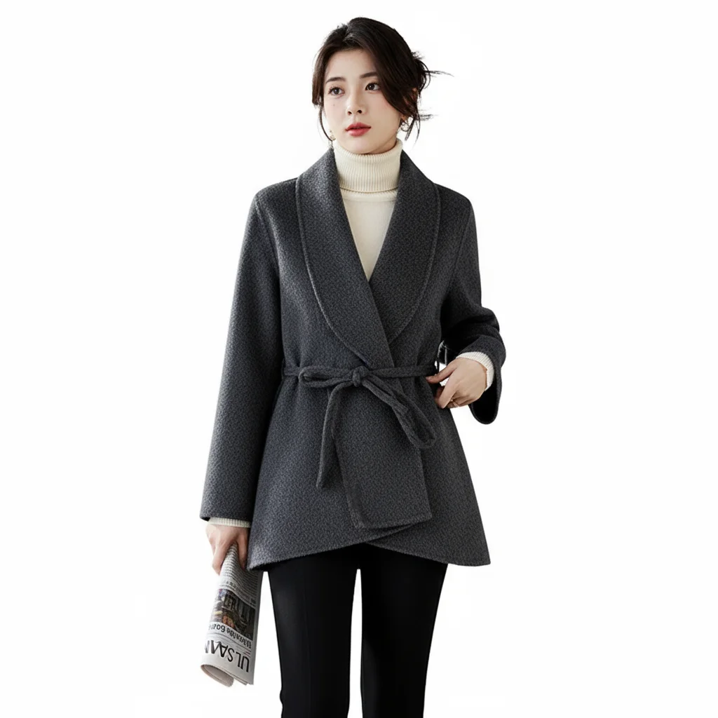 

Women's 2025 A/W New Korean Petite Double-sided Cashmere Coat | Robe-style Tie Waist Woolen Outerwear