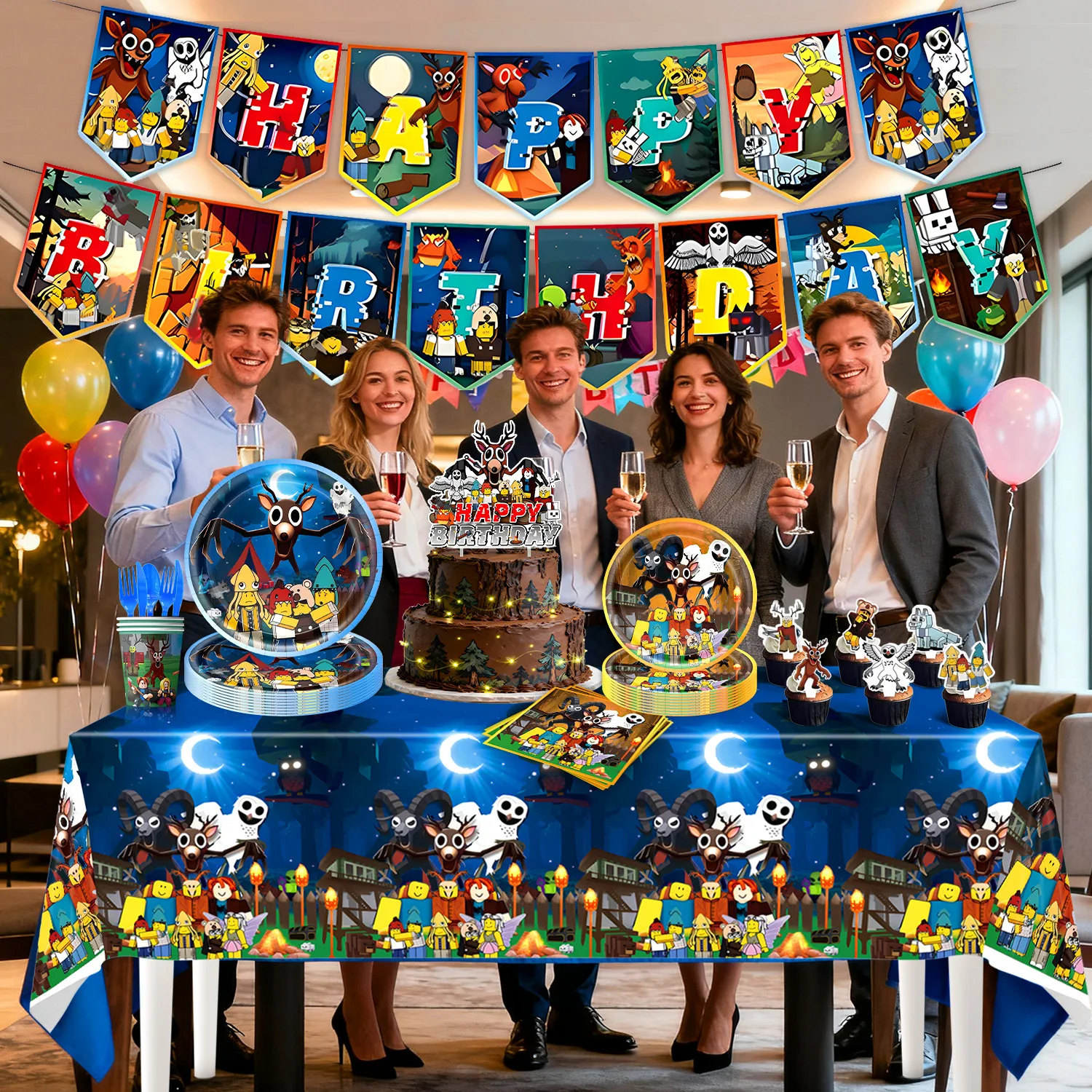 أحدث لعبة البقاء على قيد الحياة 99 ليلة في الغابة بالون راية Caketopper طبق هدية حفلة عيد ميلاد الديكور #6