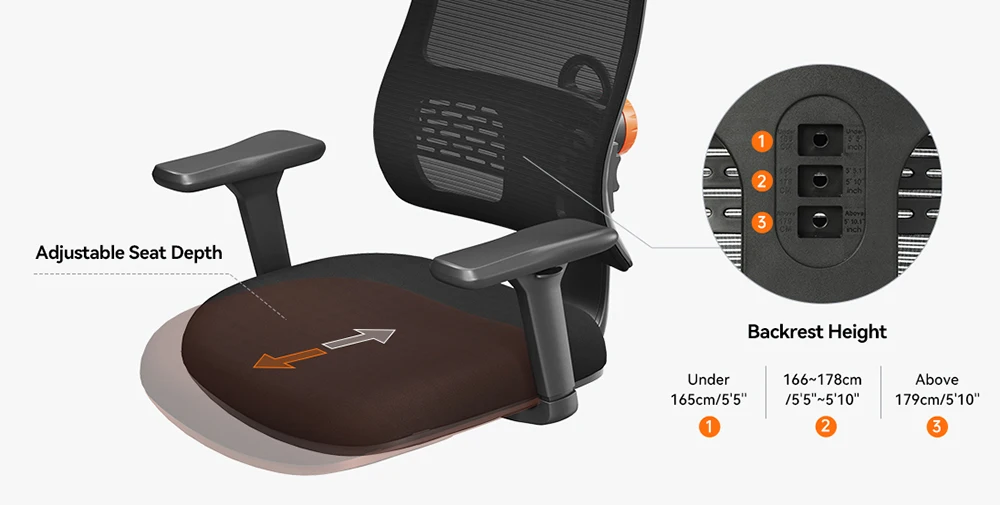 NEWTRAL MAGICH003 Ergonomischer Bürostuhl, automatisch ausgestellte Rückenlehne, adaptive Unterrückenstütze, Sitztiefe mit verstellbarer Kopfstütze – Detail 7