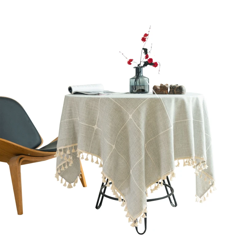 Japanese Large Lattice Tassel Table Cloth Cotton Linen Round Table Cloth Kitchen Cover Square Tablecloth Tablecloth Rectangular