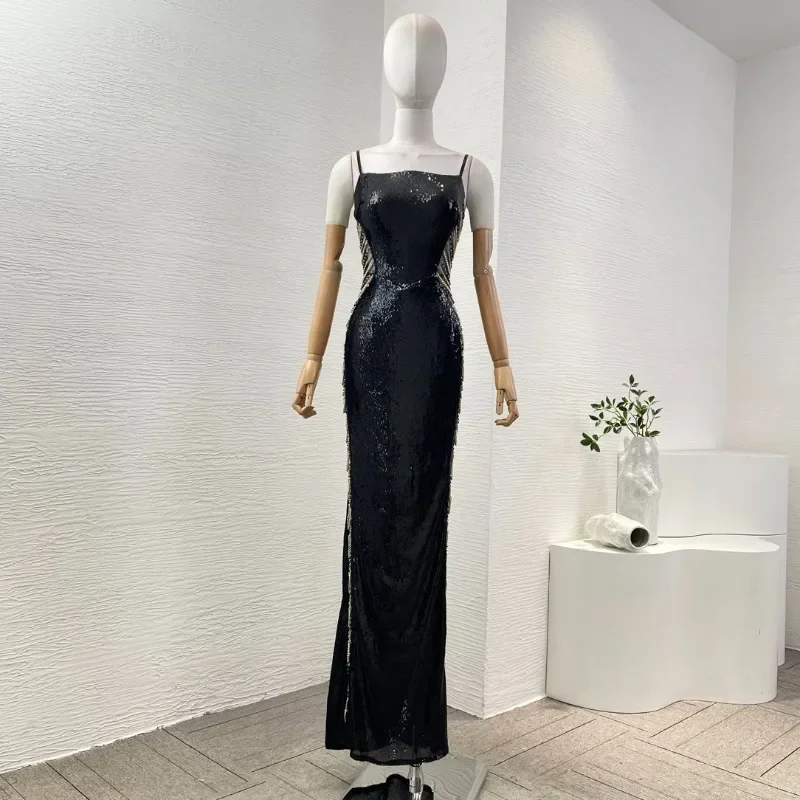 Women's 2025 Black Sleevelessse Sexy Elegant Quined Diamonds Cut Out Waist Metal Chain Decoration Maxi Dresses for Party