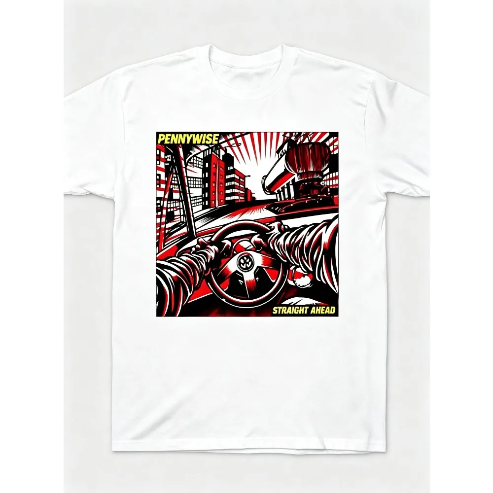 2026 New Retro Driving City View Graphic T-shirt, Punk Music Album Inspired Print, Unisex Round Neck Short Sleeve Street Top