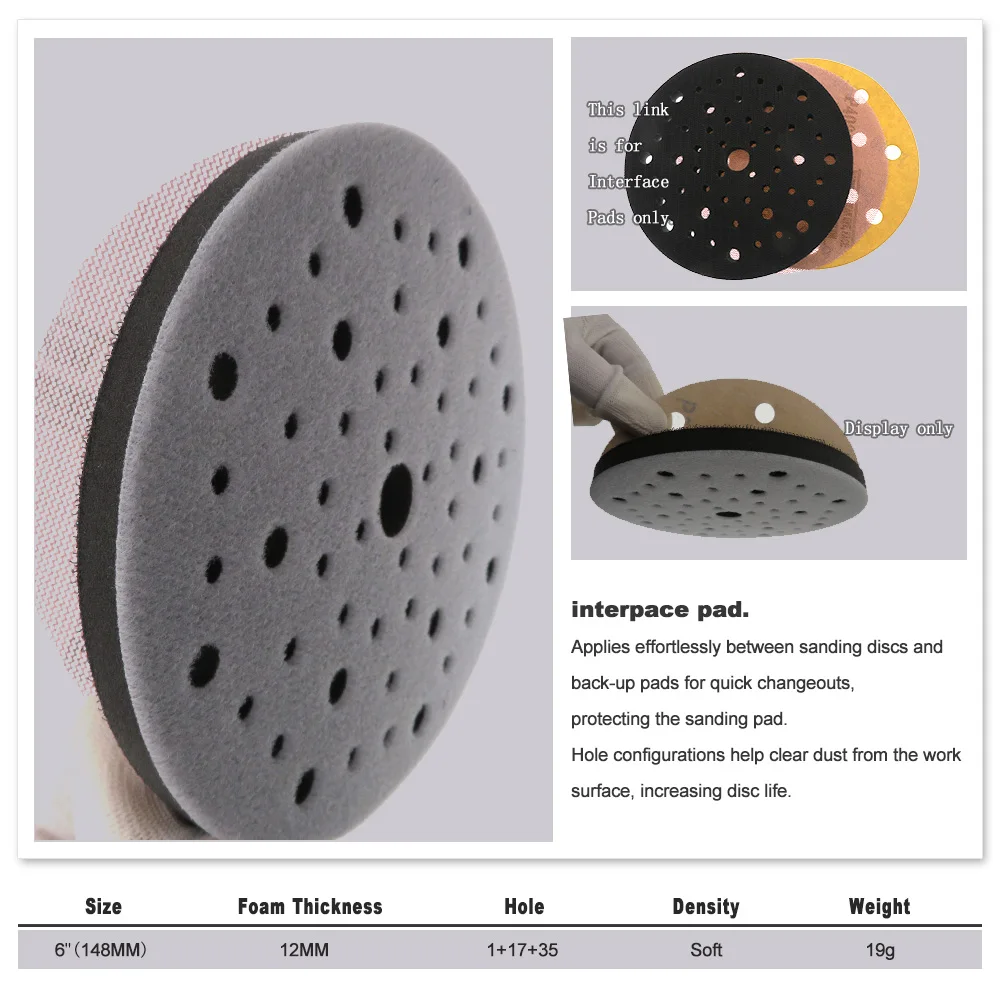 2PCS 6 Inch 150mm 53-Hole Soft Interface Pad Hook and Loop Sanding Disc Buffer Sponge Interface Cushion Pad for Backing Pad