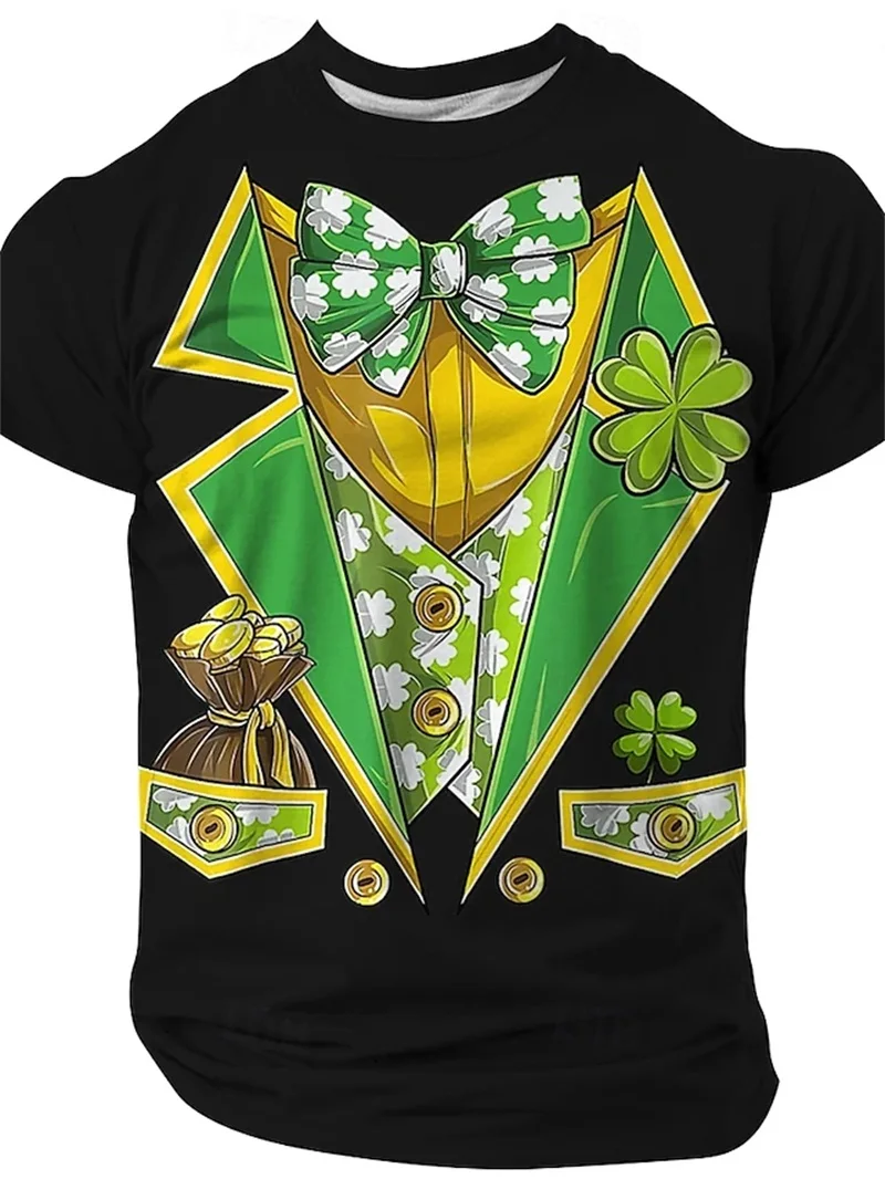 Men\'s St. Patrick Shamrock Tuxedo T Shirt 3D Print Short Sleeve Crew Neck Tshirts Tops New In Casual Party Holiday Funny Tshirt