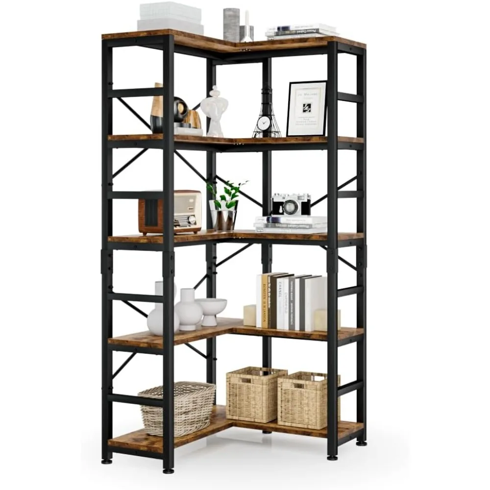 5 Tier Corner Bookshelf, Modern Corner Bookcase, Large Open Shelf Bookcase, Tall Bookshelves Storage Display - Free Delivery