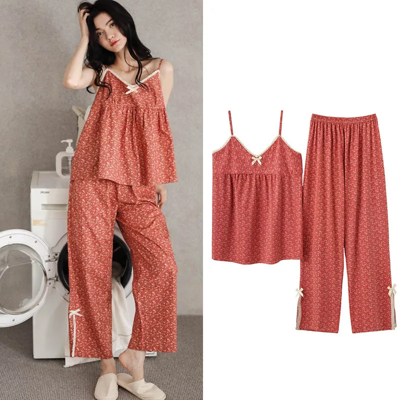 Fdfklak Sexy Sleepwear Set Women\'s Summer Pajamas Thin Suspenders V Neck Shirt Pant Suit Small Floral Modal Home Clothes M-3XL