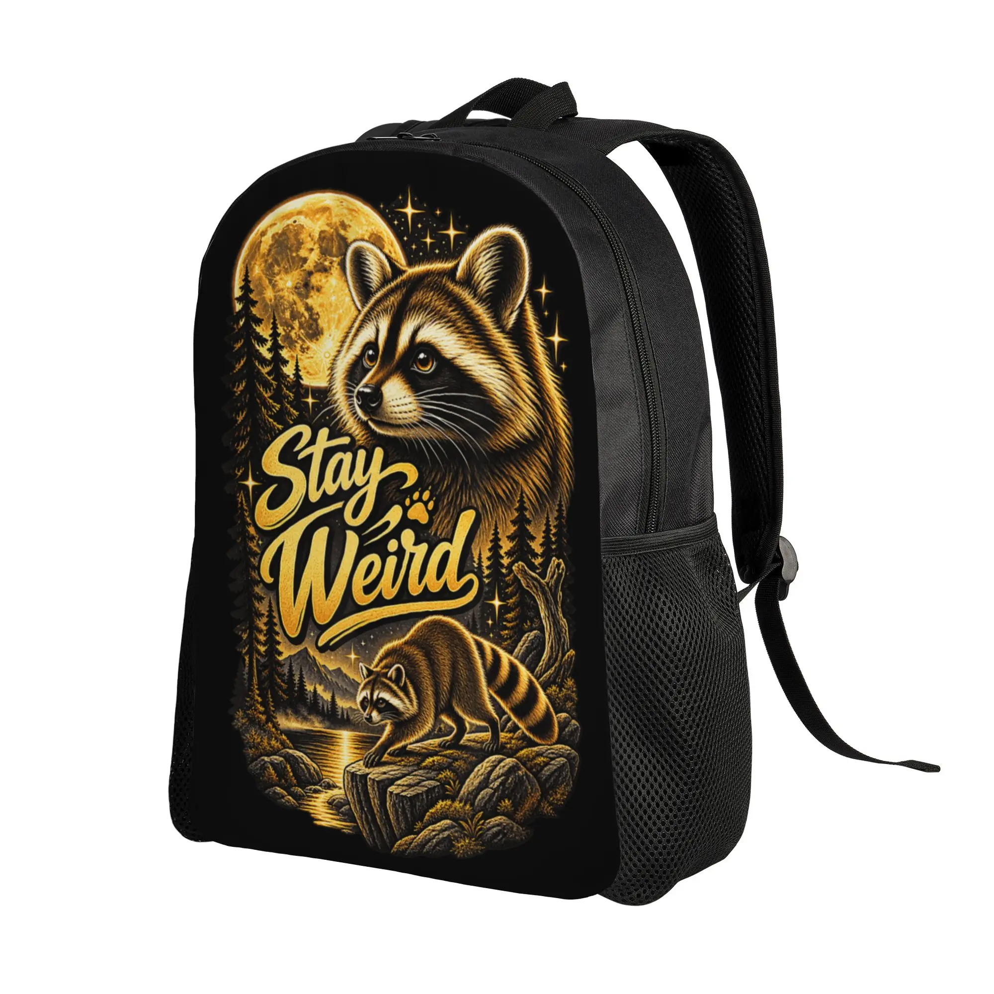 Stay Weird Funny Timothy Raccoon Moon Wildlife Animal Humor Backpack Women  Soft Backpacks Polyester Elegant School Bags