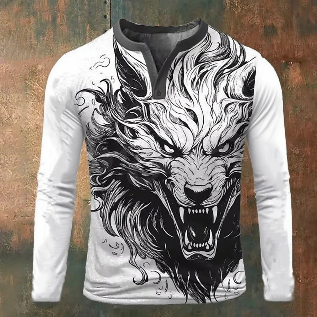 

Autumn Animal Wolf 3D Printing Henley Shirts Men's Fashion Streetwear Oversized Button Long sleeves T Shirt Tops Man Clothing
