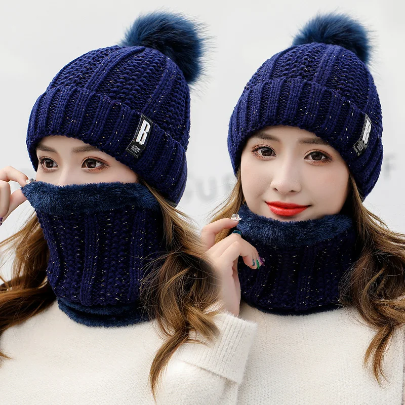 Autumn Winter Knitted Beanies Hats Scarf Set Women Thick Warm Hat Female Knit Letter Bonnet Beanie Caps Outdoor Windproof Riding