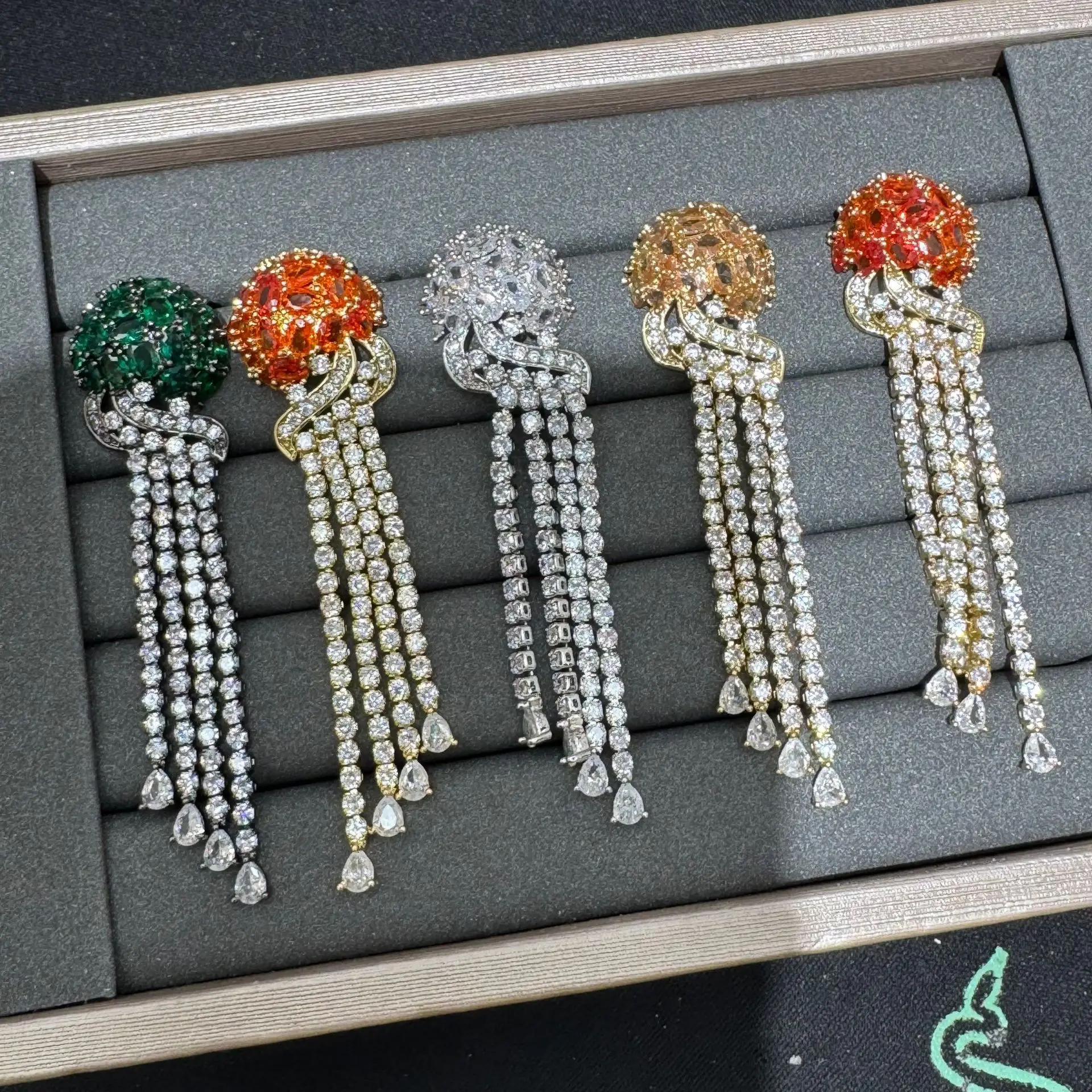 

cubic zirconia long tassel earrings for women shiny white green orange dangling earrings dinner party anniversary gift female