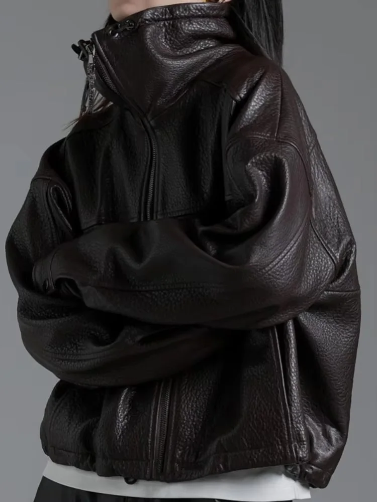 Leisure Style Solid Color Genuine Leather Jacket Ladies Handmade Turn-Down Collar Zipper Long Sleeves Sheepskin Outerwear
