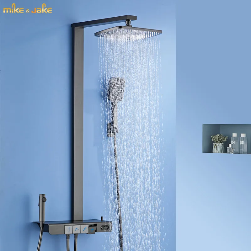 

Gun gray shower mixer thermostatic digital constant display shower set rainfall white shower faucet bathroom white tap