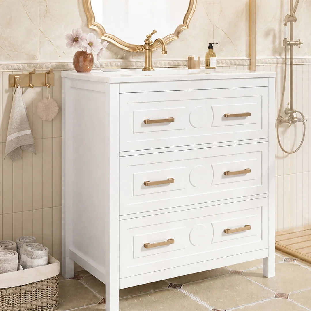 76,5 x 47 x 82 cm, lavabo sur pied, finition entièrement peinte, vasque en céramique intégrée, trois tiroirs, vidange silencieux, blanc.