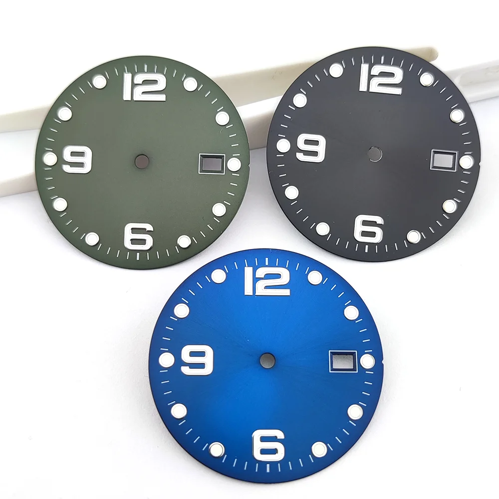 قرص 32.5 ملم NH35 قرص أخضر مضيء نافذة تقويم واحدة تناسب حركة NH35/NH36 أقراص ساعة عالية الجودة