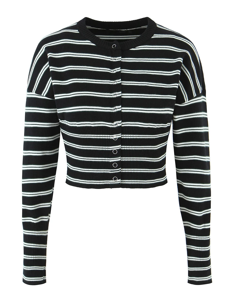 เสื้อสเวตเตอร์ถักไหมพรมทรงยาว แขนยาว คอวี ลายทางสไตล์เรโทรแบบอเมริกัน เน้นเอว ทรงเซ็กซี่ หรือเสื้อท่อนบนเอวสูงสำหรับผู้หญิง