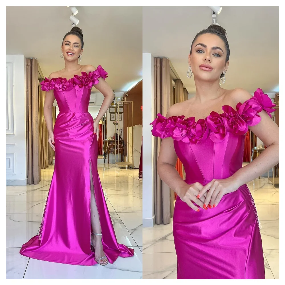 Aangepaste zeemeermin klassieke roze satijnen avondjurk delicate boothals uit de schouder mouwloze feestjurk elegante galajurken