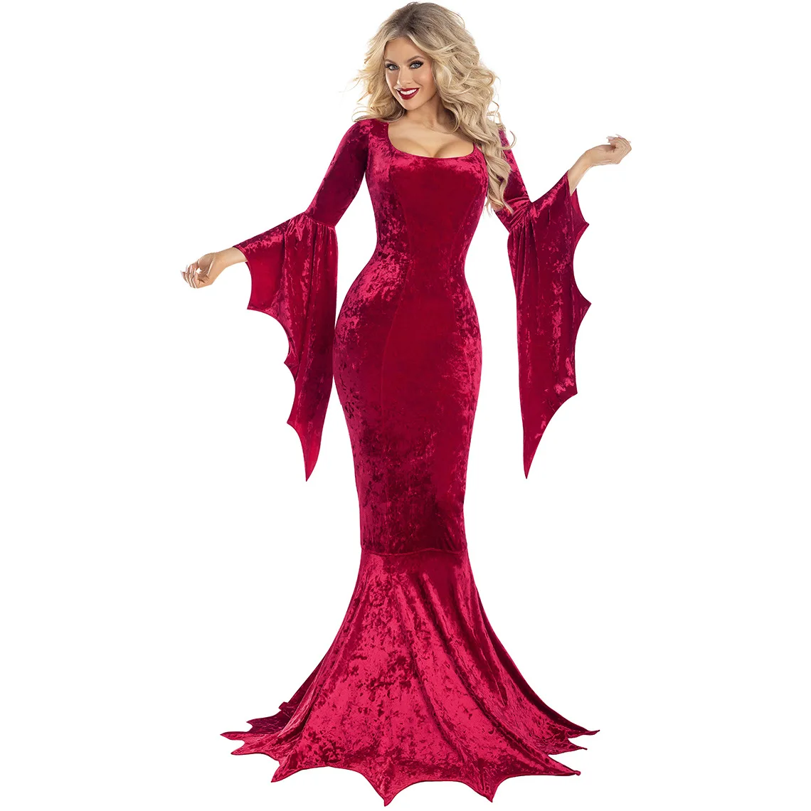 Morticia Addams Witchy Costume Gothic Gown Robe with Bat Sleeve & Long Train, Dark Horror Outfit for Adult Halloween Terror