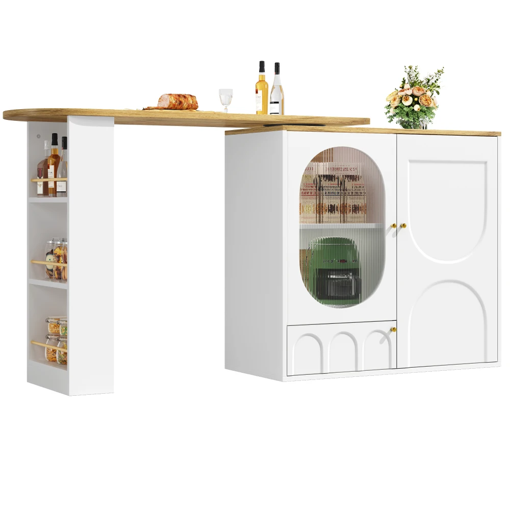 360° rotating bar table (138 x 39 x 105 cm), coffee bar furniture, rotating dining table with storage space,kitchen island,white