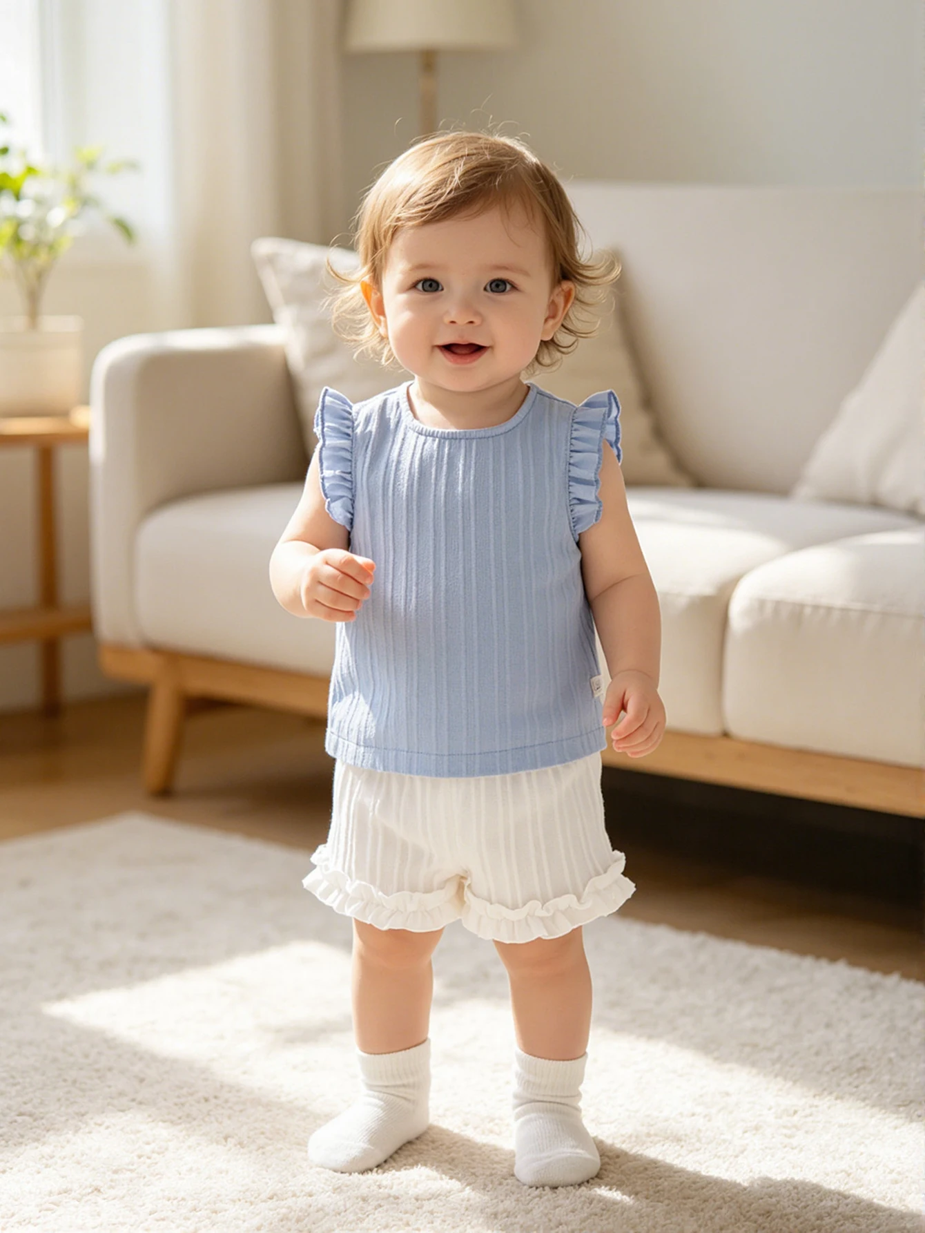 Girls' Spring & Summer New Arrival Sleeveless Flounce Top & Lace Trim Shorts Contrast Color Two-piece Set Fresh Cute Daily