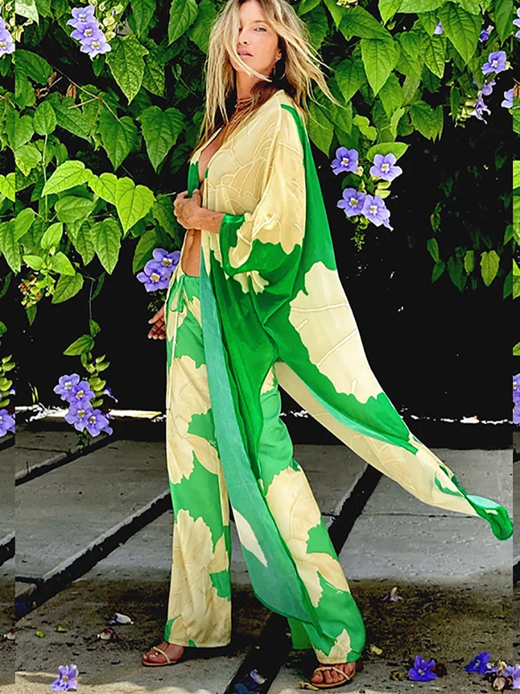 2024 Cover-up Beach Kimono Green Print Floral Chiffon Boho Tunic For Beach Swimsuit Cover Up Kaftan Over Size Beachwear Pareo