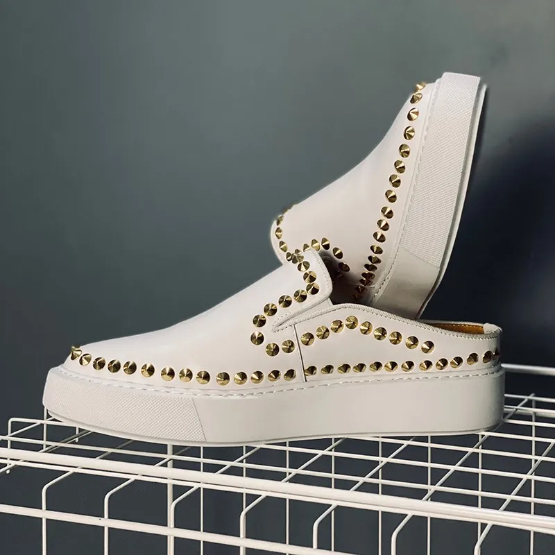 JINIWU 2026 Autumn White Closed Toe Slippers Cow Leather Rivet Slip On Lazy Mules Ultra Light Sole Men Shoes