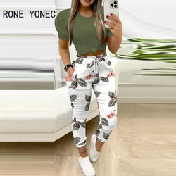 2024 Women Short Sleeves Solid T-shirt & Print High Waist Cuffed Elastic Waist Pants Set Women Two Pieces Sets