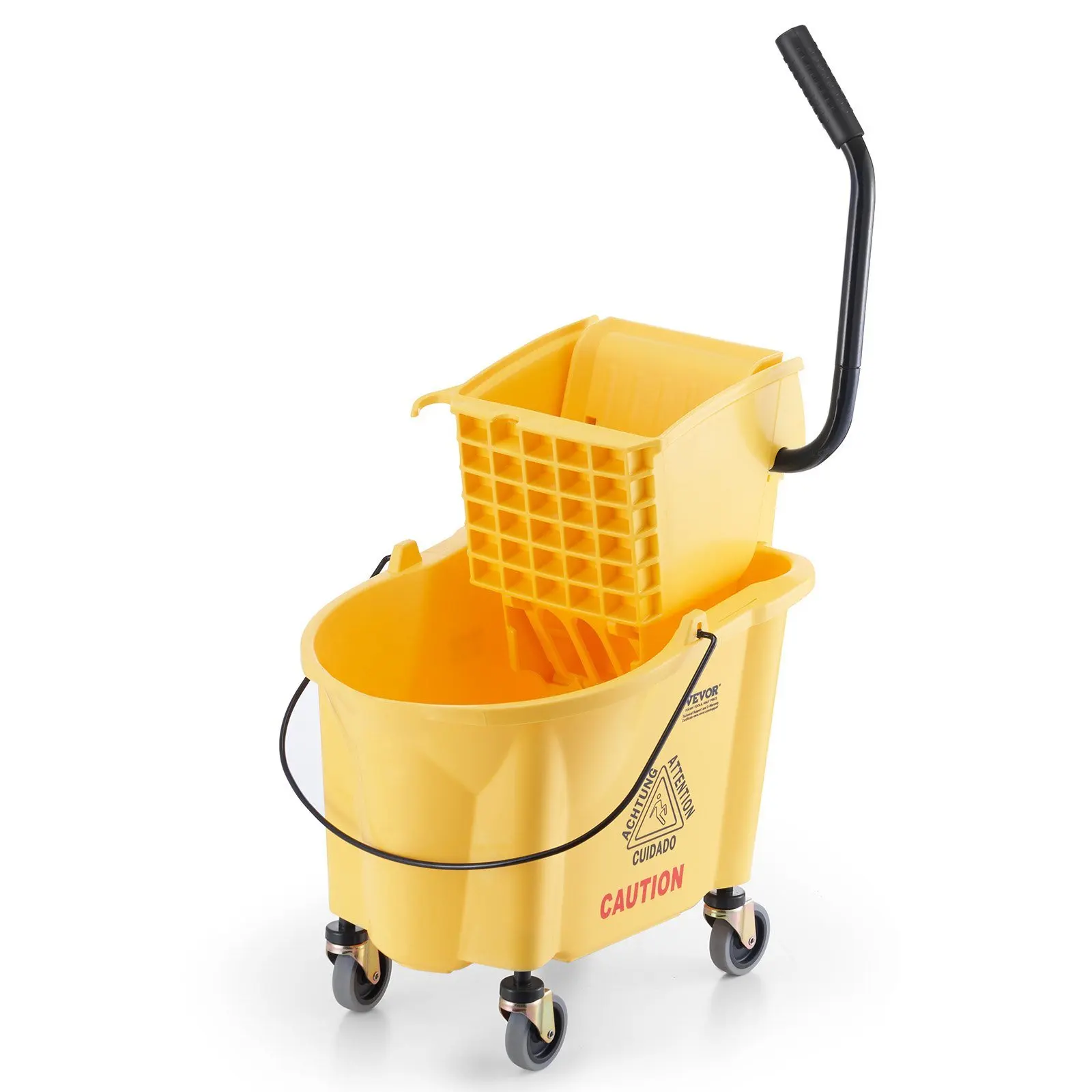 Mop Bucket with Wringer, 26 Qt. Commercial Mop Bucket with Side Press Wringer, Side-Press Mop Bucket and Wringer Combo on Wheels