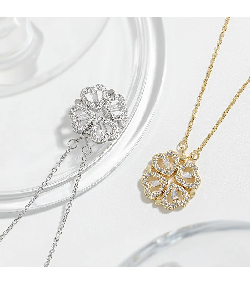 CARLIDANA Transform Luxury Four Leaf Clover Pendant Necklace Crystal Gold Color Heart Love Jewelry for Women Gift