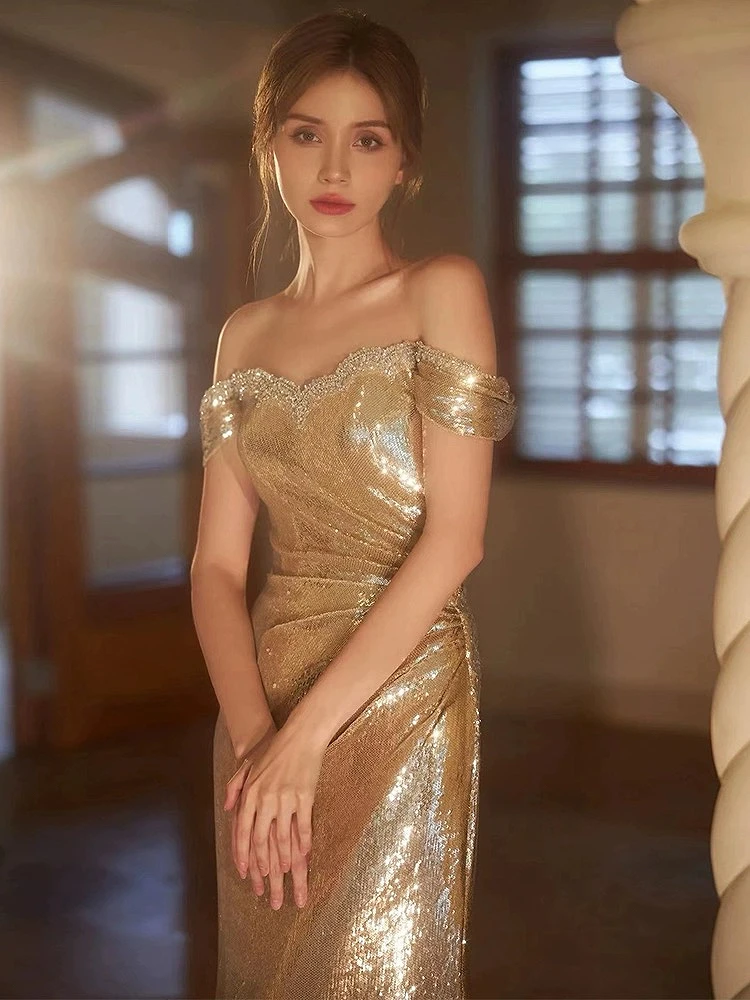 Elegant Shiny Gold Mermaid Celebrity Dresses Shiny Sequins Strapless Floor Length Sleeveless Women Evening Party Prom Gowns New