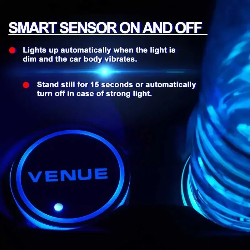 7 Colors LED Cup Holders for Hyundai Venue Car Water Coaster Drinks Decor Luminous Logo Mat Pad Atmosphere Light Auto Styling