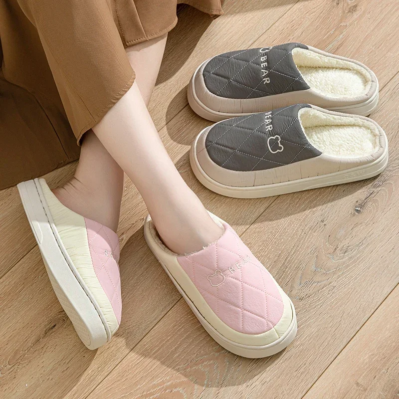 Winter Autum Plush Warm Women Cotton Slippers Indoor Home Casual Toe Wrap Thick Slides Men Anti Slip Vamp Waterproof Soft Shoes