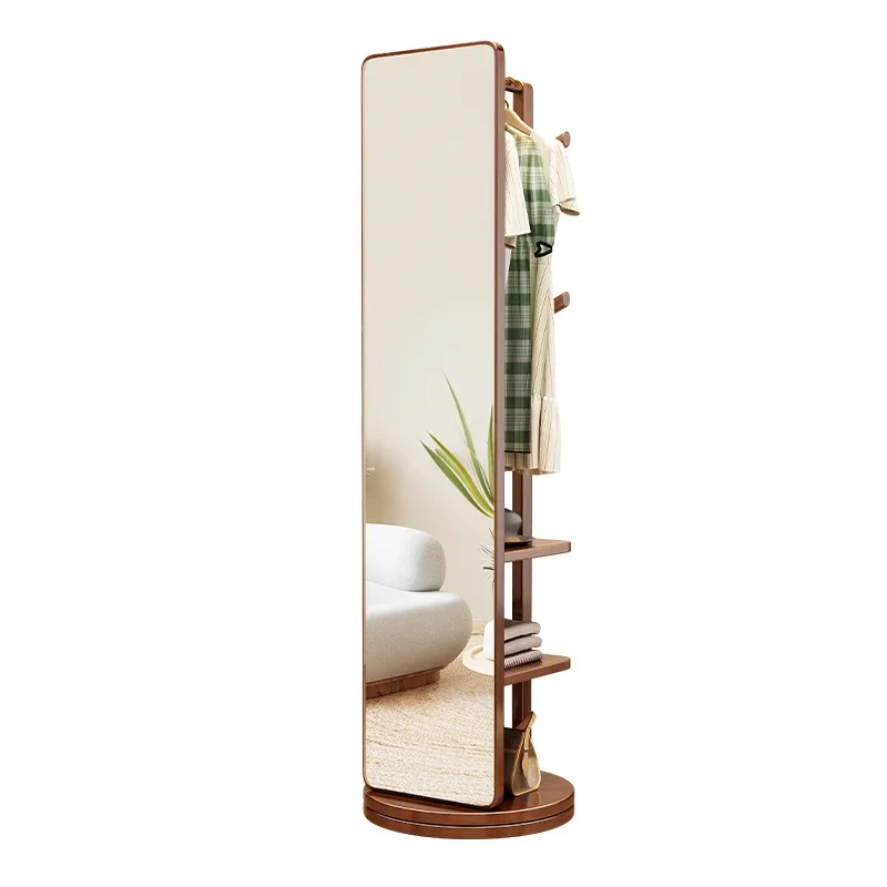 Solid wood full body mirror, floor to ceiling, household dressing mirror, bedroom, rotatable and mobile fitting mirror with hang