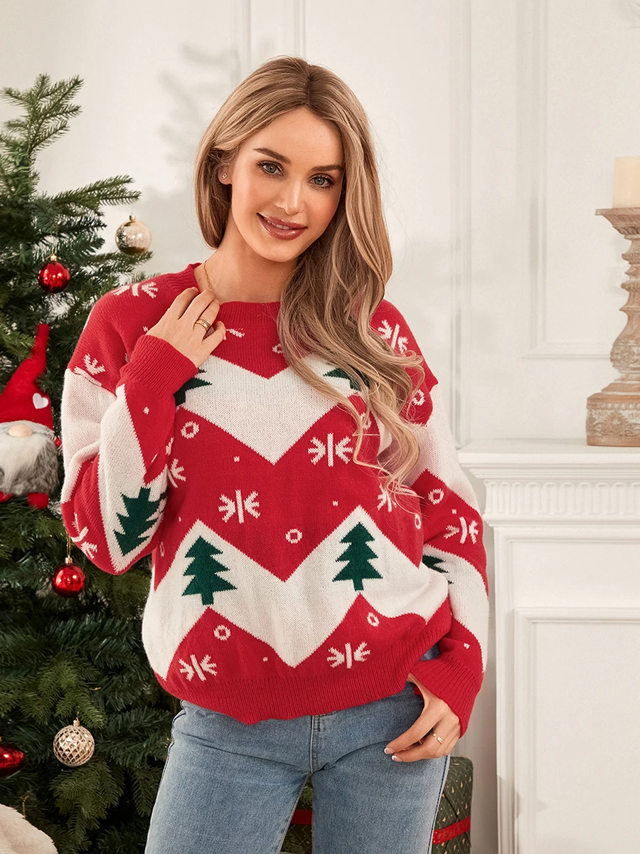 wsevypo Women\'s Winter Sweaters Christmas Tree Print Long Sleeve Round Neck Pullover Tops Casual Loose Xmas Knitwear Jumpers