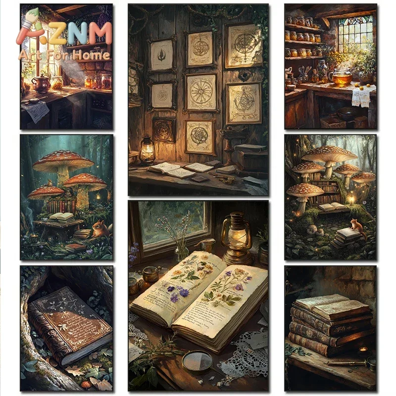 1pc  frameless Canvas Painting Wizards Potion Old Leatherbound Alchemy Book Poster Wizards Bookstore Canvas Painting Dark Academ