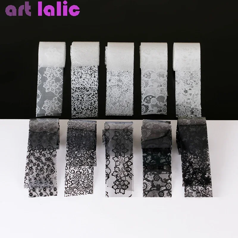 10 Rolls 2.5*60cm New Black White Lace Transfer Foil Nail Art Sexy Full Wraps Flower Glue Adhesive DIY Manicure Styling Tools