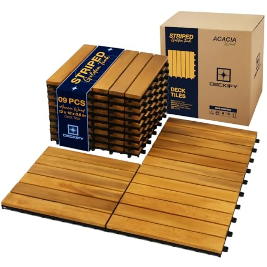 

9 Pcs Acacia Wood Interlocking Patio Deck Tiles, 12 x 12 x 0.9 Inch Outdoor Flooring, Waterproof for All-Weather Use Striped