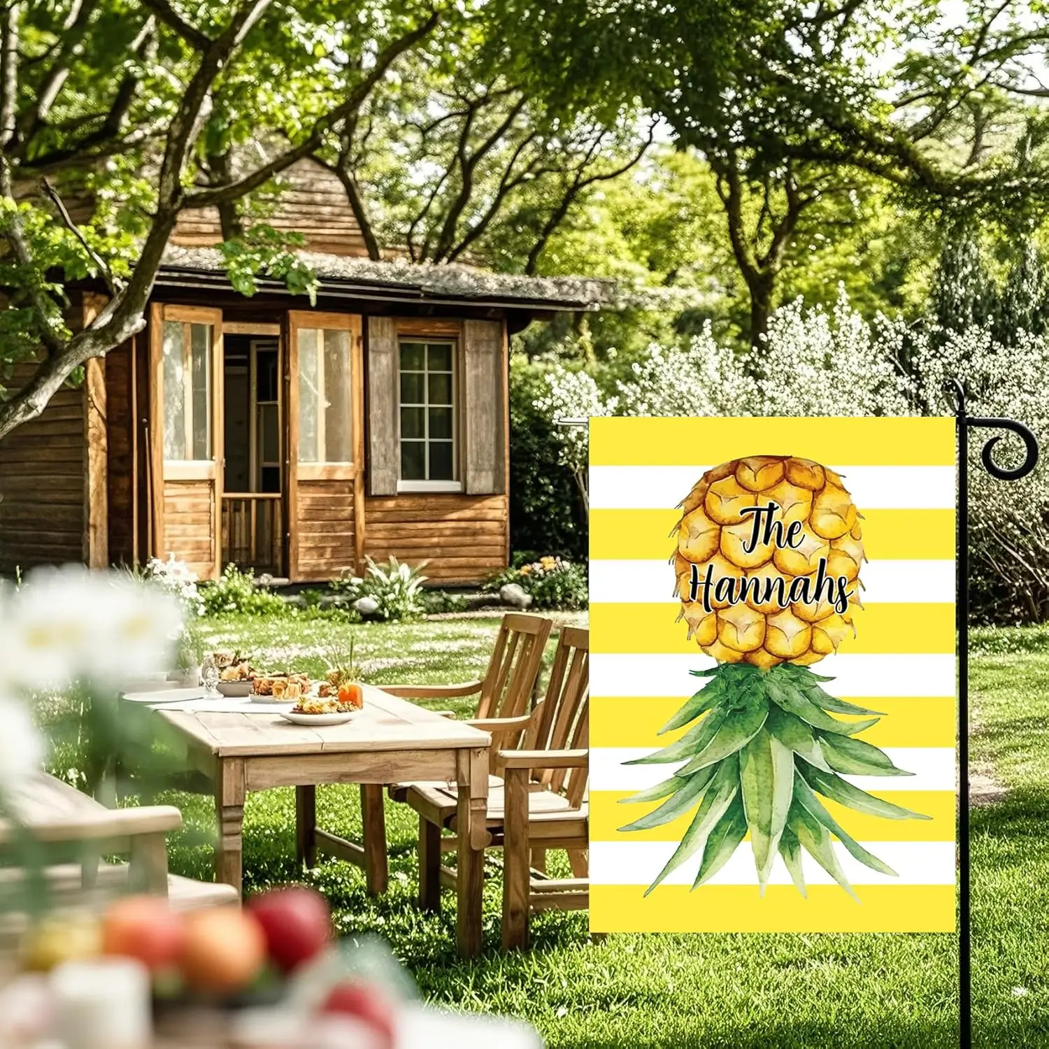 Upside Down Pineapple Design Custom Welcome Garden Flag - Double Sided Personalized Yard Decor with Last Name, Yellow Stripe PPM