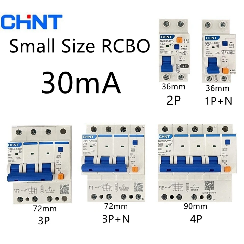 CHINT NXBLE-63YH 1P+N 2P 3P 3P+N 4P 30MA Small Size RCBO Residual Current Circuit Breaker With Overload Protection 16A 25A 63A